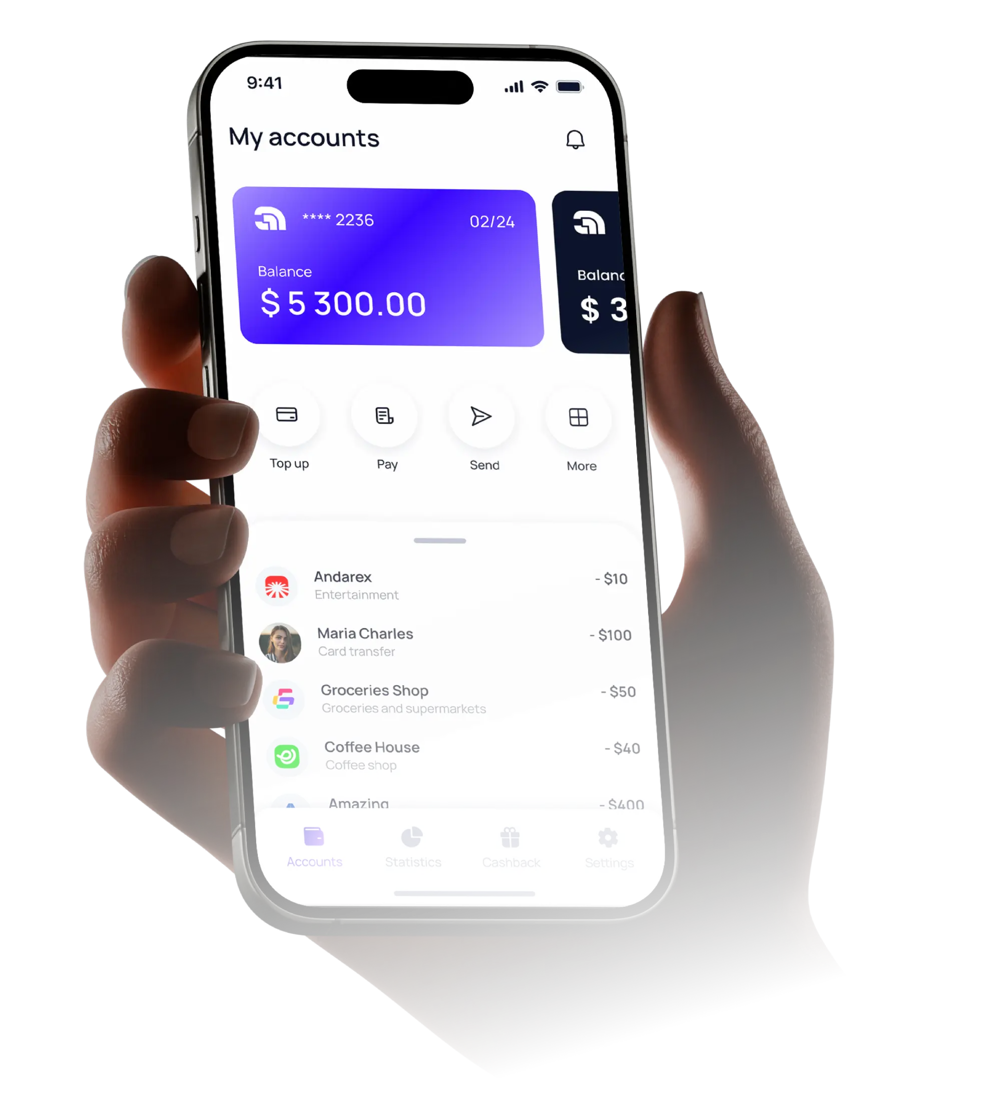 Hand holding smartphone displaying a banking app with account balance $5,300 and recent transactions including Netflix, Maria Charles, Walmart, Starbucks, and Amazon.